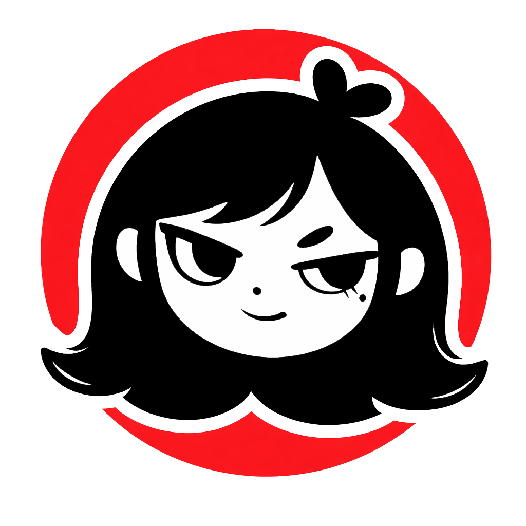 Happy, the CLOVEM4 mascot: a black-haired girl with a smug, unbothered smirk in a red circle